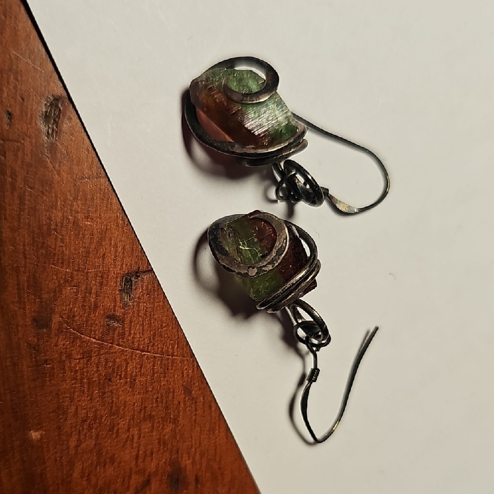 Raw Watermelon Tourmaline Earrings In Silver